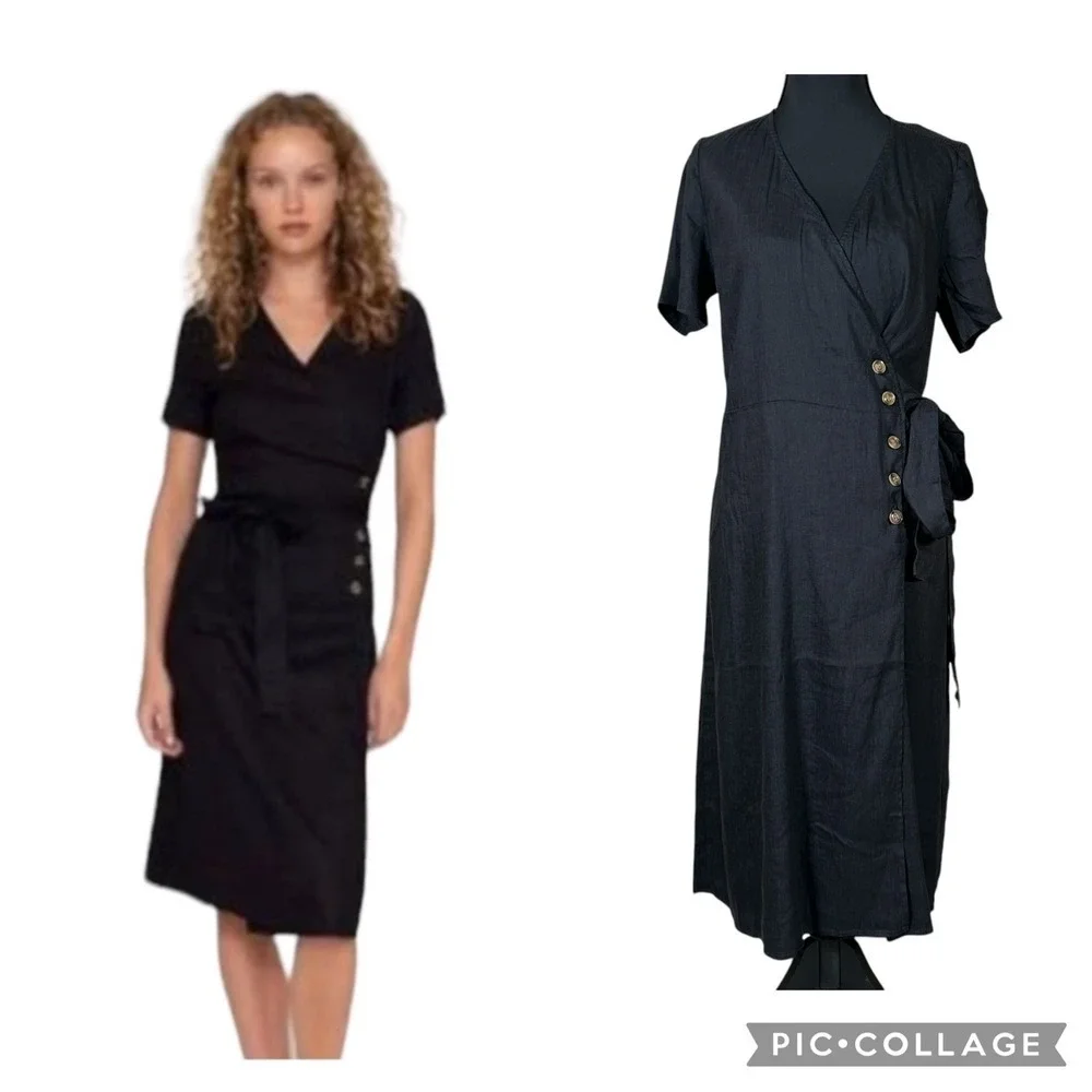 NWT Alp N Rock Thalia Wrap Linen Blend Dress Black Size S